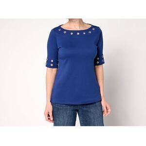 Quacker Factory Large Light Navy Gromet Detail Elbow Sleeve Top A684991 NWOT